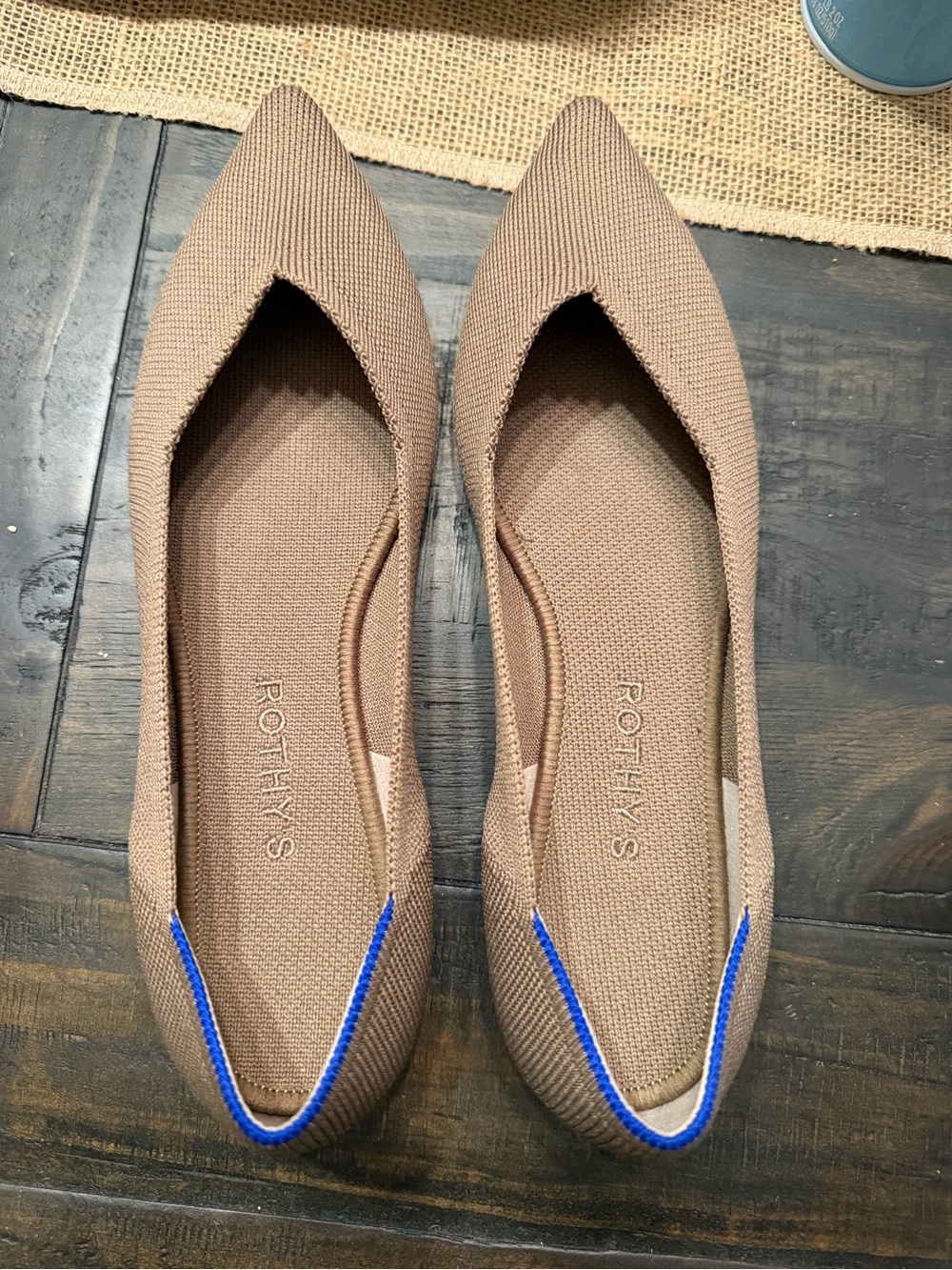 Rothy's Pointed Knit Flats in Brown with Blue Trim